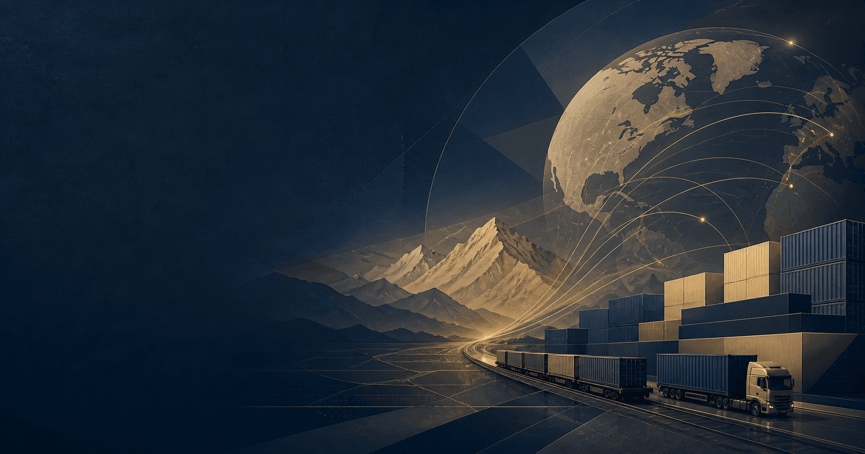 Illustrated trade routes, cargo transport and an Afghan mountain landscape